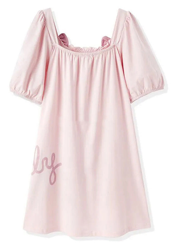 Elegant Pink Wrinkled Graphic Bow Cotton Girls Maxi Dress Short Sleeve LY6452 - fabuloryshop