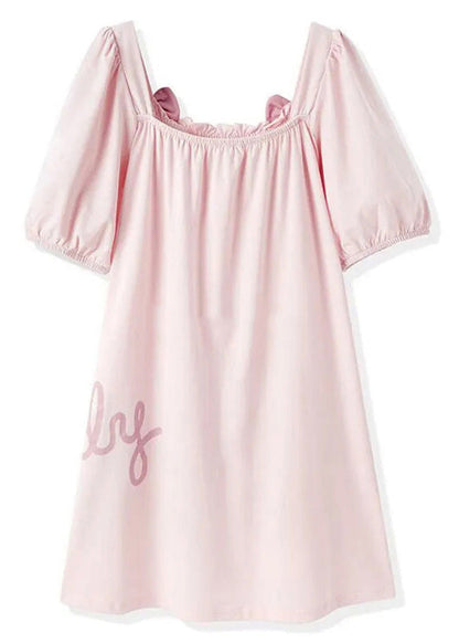 Elegant Pink Wrinkled Graphic Bow Cotton Girls Maxi Dress Short Sleeve LY6452 - fabuloryshop