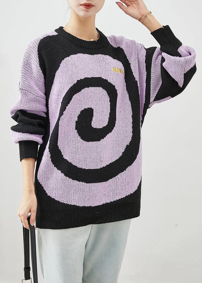 Elegant Purple Oversized Print Knit Sweaters Winter Ada Fashion