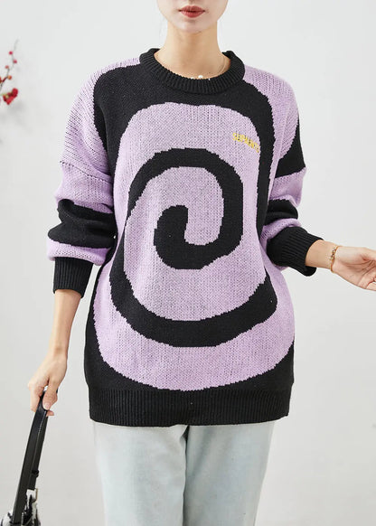 Elegant Purple Oversized Print Knit Sweaters Winter Ada Fashion