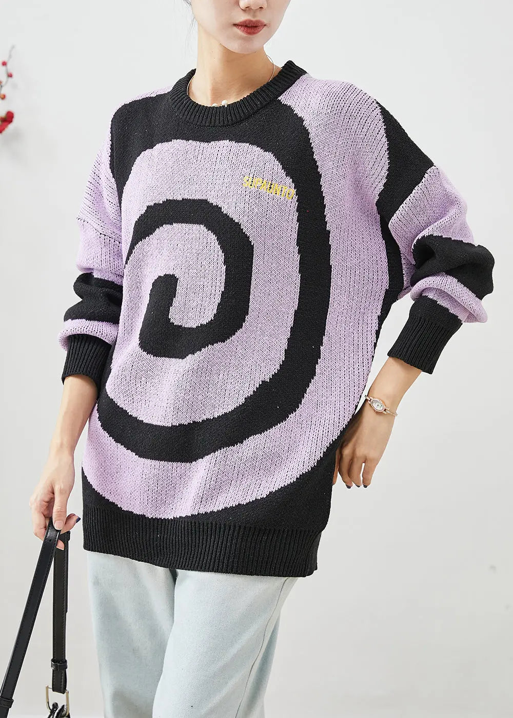 Elegant Purple Oversized Print Knit Sweaters Winter Ada Fashion