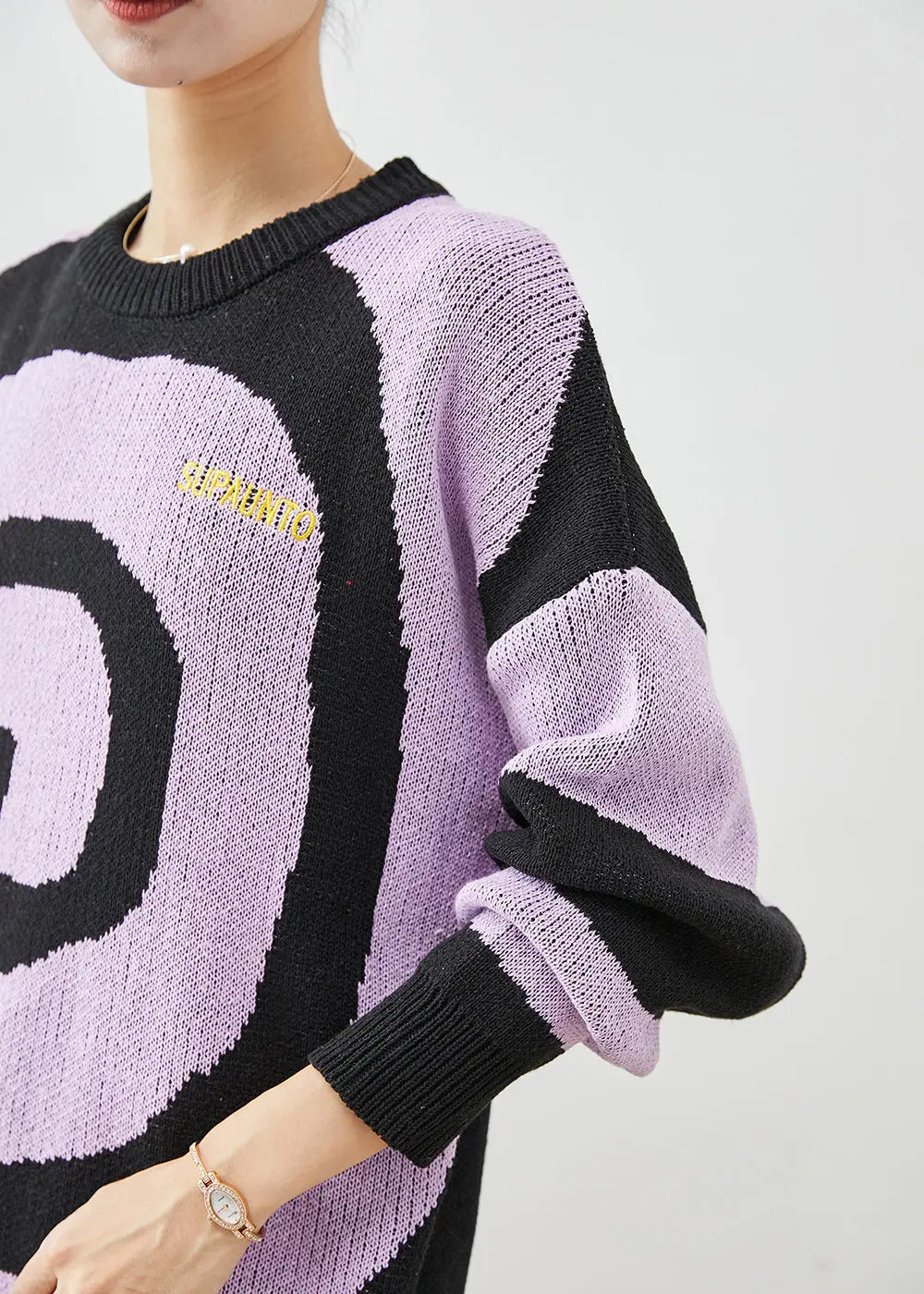 Elegant Purple Oversized Print Knit Sweaters Winter Ada Fashion