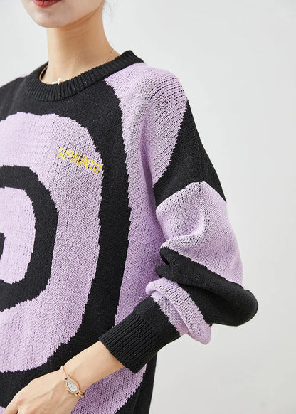 Elegant Purple Oversized Print Knit Sweaters Winter Ada Fashion