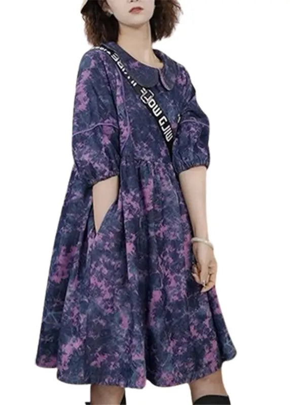 Elegant Purple Peter Pan Collar Tie Dye Wrinkled Vacation Long Dresses Half Sleeve Ada Fashion