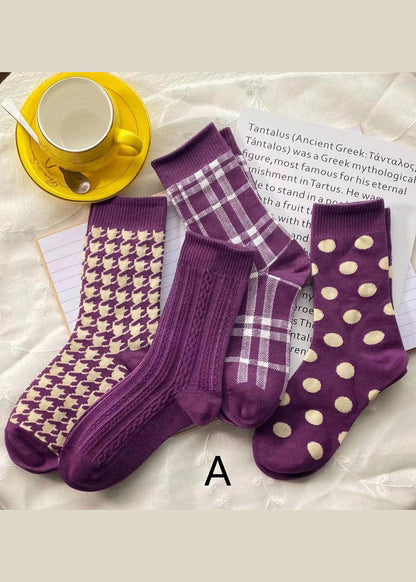 Elegant Purple Plaid Jacquard Cotton Mid Calf Socks - fabuloryshop