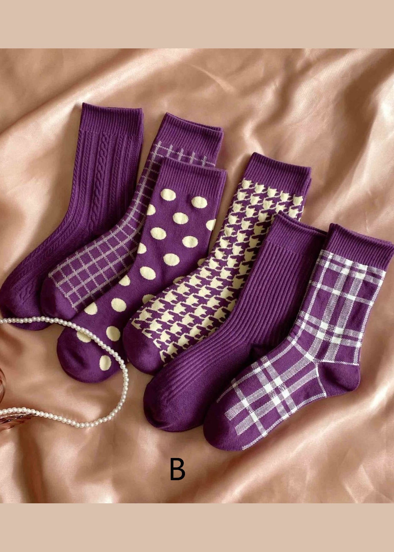 Elegant Purple Plaid Jacquard Cotton Mid Calf Socks - fabuloryshop