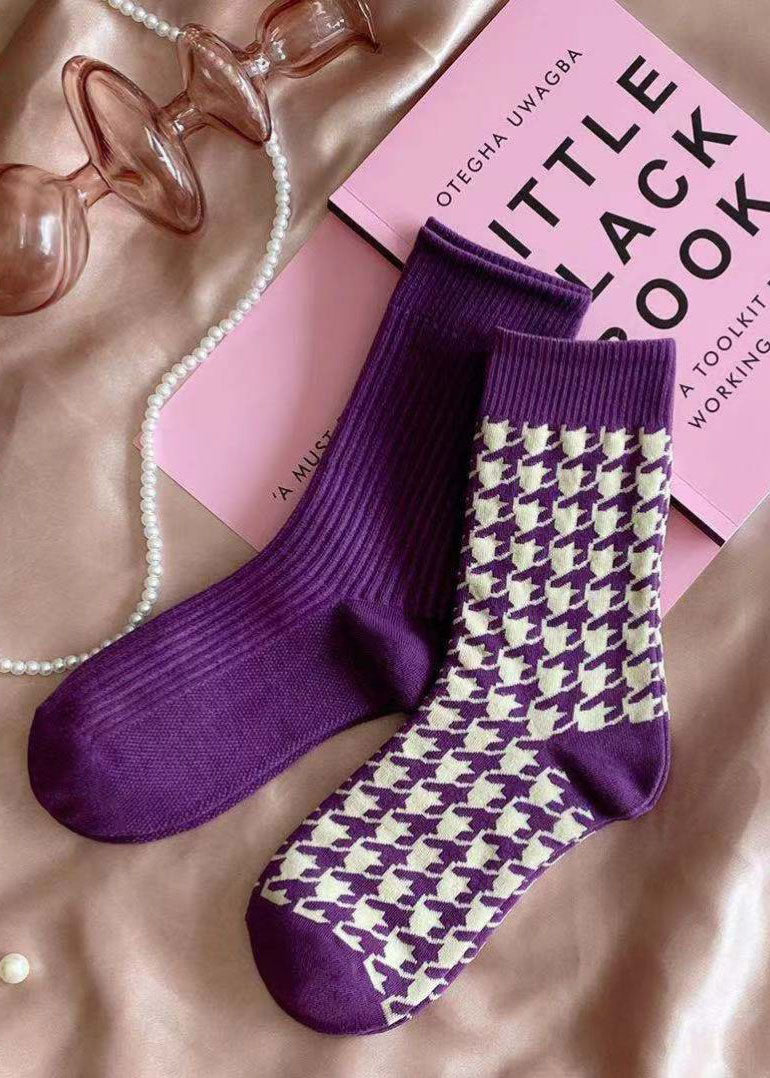 Elegant Purple Plaid Jacquard Cotton Mid Calf Socks - fabuloryshop