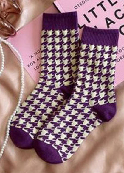 Elegant Purple Plaid Jacquard Cotton Mid Calf Socks - fabuloryshop