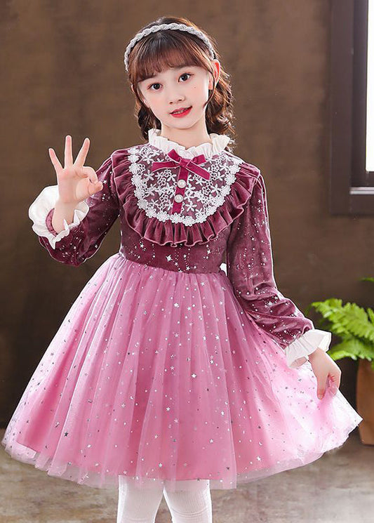 Elegant Purple Ruffled Velour Patchwork Tulle Baby Girls Dress Fall Ada Fashion