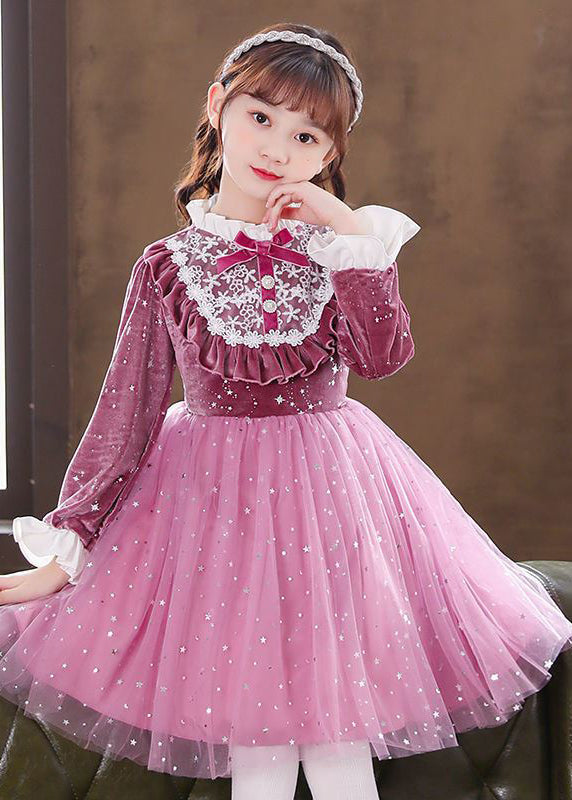 Elegant Purple Ruffled Velour Patchwork Tulle Baby Girls Dress Fall Ada Fashion