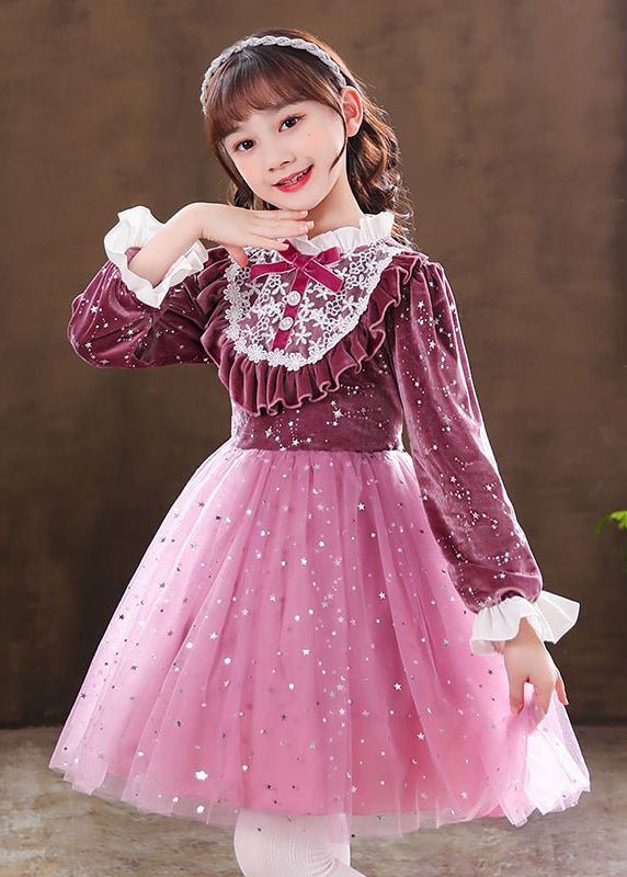 Elegant Purple Ruffled Velour Patchwork Tulle Baby Girls Dress Fall Ada Fashion