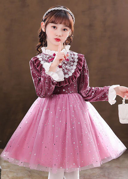 Elegant Purple Ruffled Velour Patchwork Tulle Baby Girls Dress Fall Ada Fashion