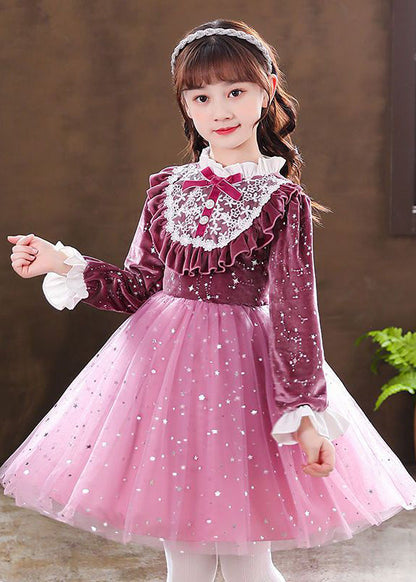 Elegant Purple Ruffled Velour Patchwork Tulle Baby Girls Dress Fall Ada Fashion