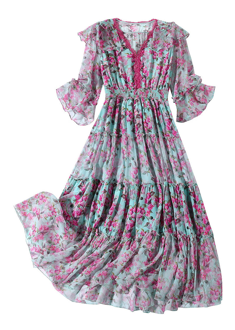 Elegant Purple V Neck Print Patchwork Tunic Silk Long Dress Long Sleeve LY1037 - fabuloryshop