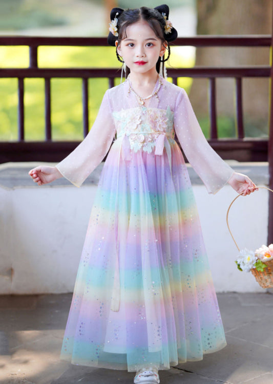 Elegant Rainbow Gradient Color Patchwork Tulle Kids Vacation Long Dresses Long Sleeve Ada Fashion