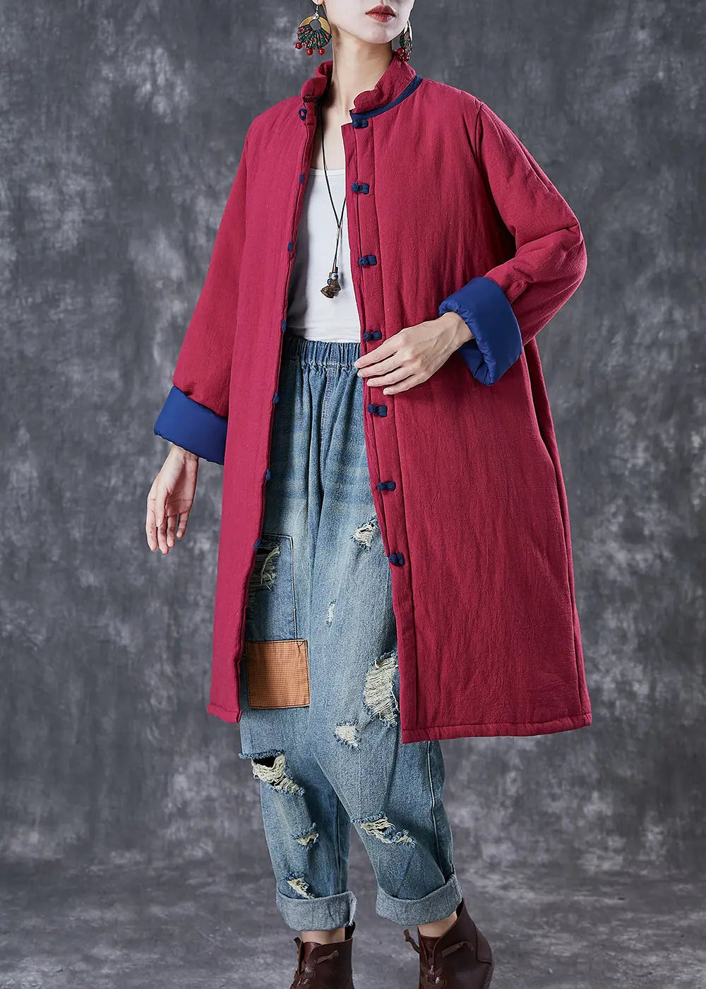 Elegant Red Chinese Button Thick Fine Cotton Filled Puffers Jackets Winter Ada Fashion