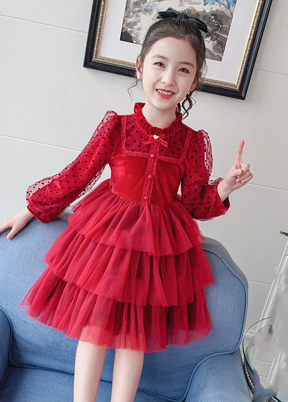 Elegant Red Dot Print Tulle Kids Long Princess Dress Long Sleeve Ada Fashion