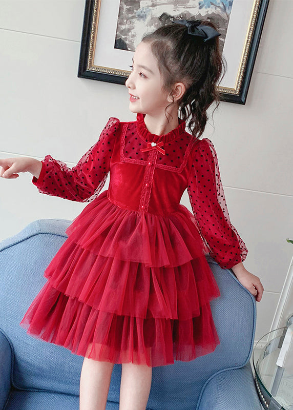 Elegant Red Dot Print Tulle Kids Long Princess Dress Long Sleeve Ada Fashion