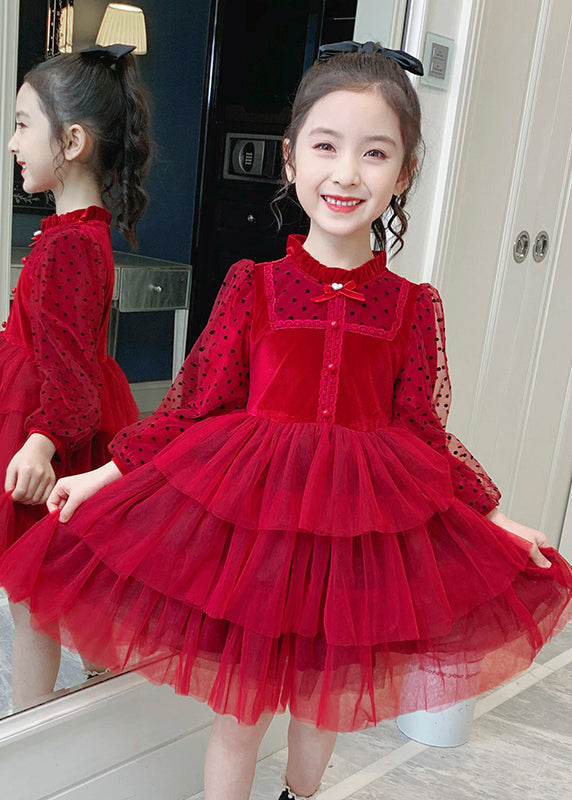 Elegant Red Dot Print Tulle Kids Long Princess Dress Long Sleeve Ada Fashion