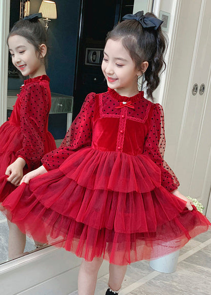 Elegant Red Dot Print Tulle Kids Long Princess Dress Long Sleeve Ada Fashion