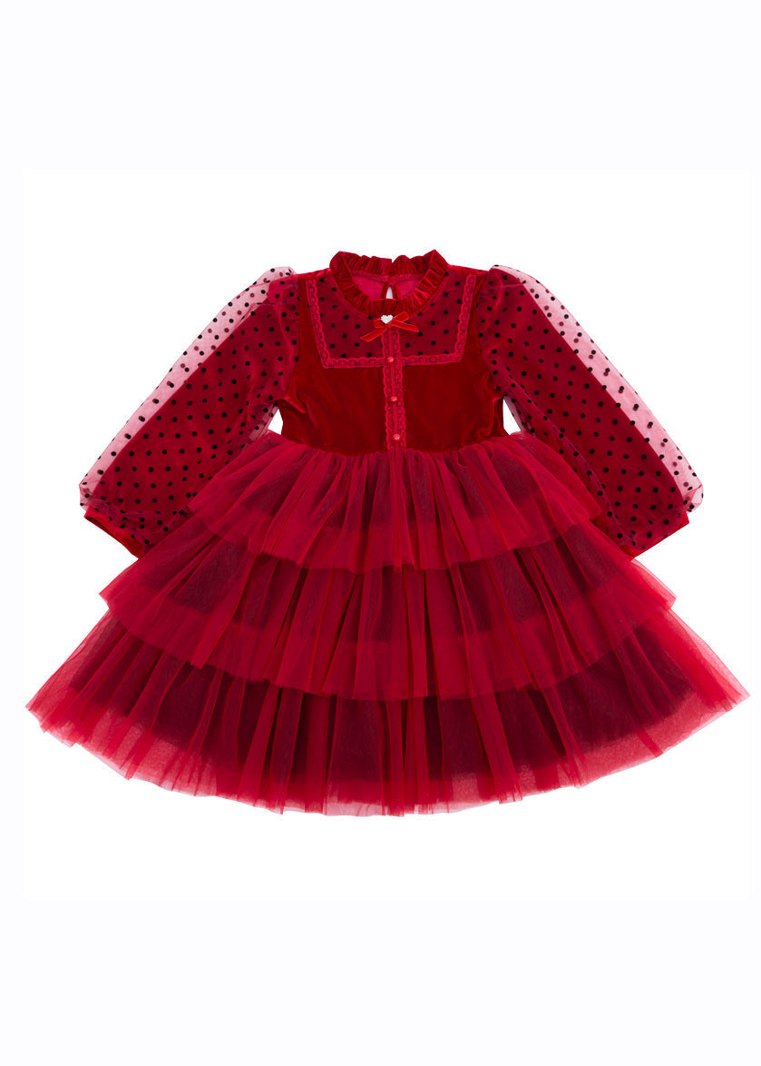 Elegant Red Dot Print Tulle Kids Long Princess Dress Long Sleeve Ada Fashion