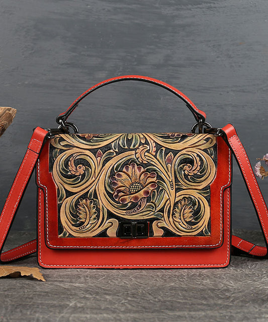 Elegant Red Jacquard Square Leather Handbag