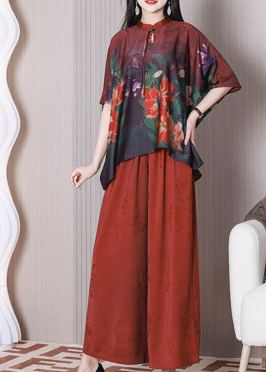 Elegant Red Mandarin Collar Oversized Tassel Print Silk Two Pieces Set Summer LY3774 - fabuloryshop