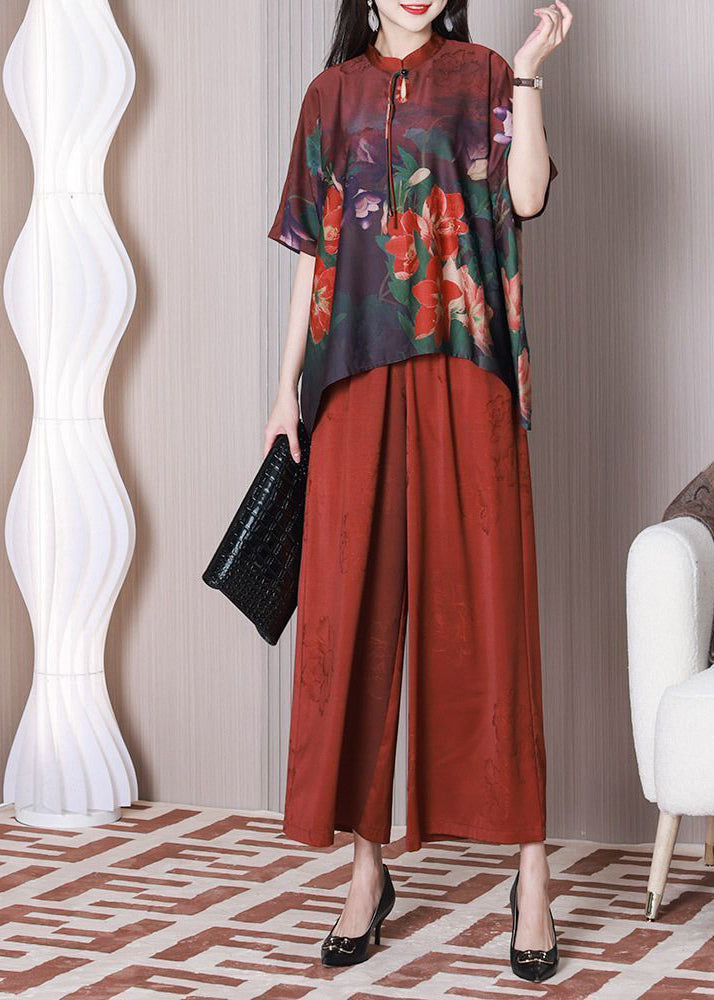 Elegant Red Mandarin Collar Oversized Tassel Print Silk Two Pieces Set Summer LY3774 - fabuloryshop