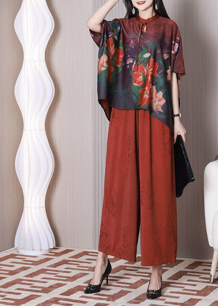 Elegant Red Mandarin Collar Oversized Tassel Print Silk Two Pieces Set Summer LY3774 - fabuloryshop