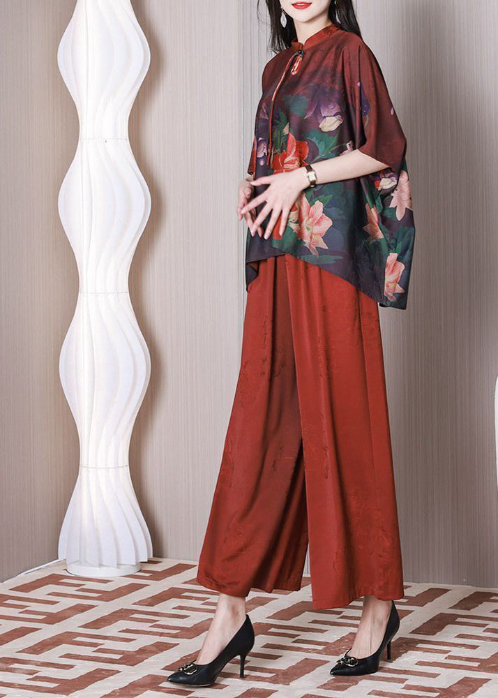 Elegant Red Mandarin Collar Oversized Tassel Print Silk Two Pieces Set Summer LY3774 - fabuloryshop