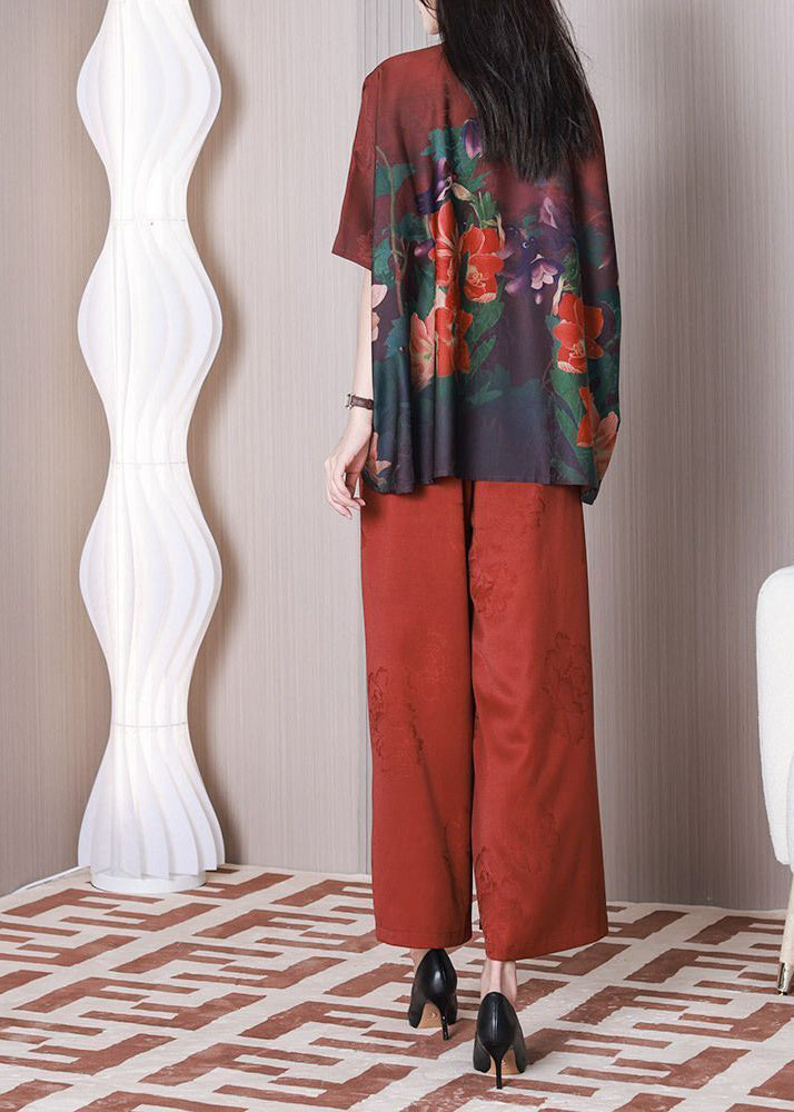 Elegant Red Mandarin Collar Oversized Tassel Print Silk Two Pieces Set Summer LY3774 - fabuloryshop