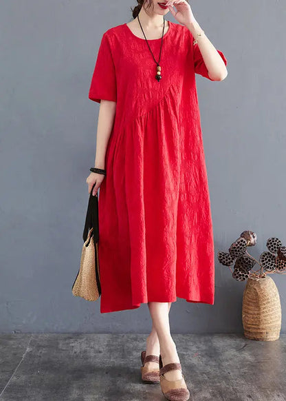 Elegant Red Oversized Jacquard Cotton Maxi Dress Summer Ada Fashion