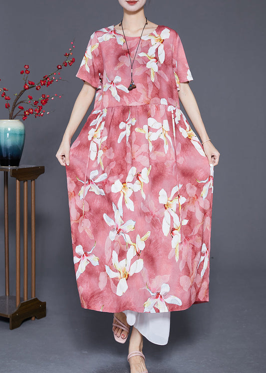 Elegant Red Oversized Print Linen Holiday Dress Summer Ada Fashion