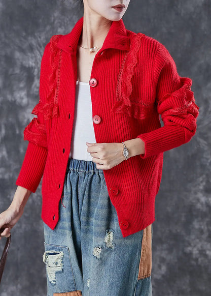 Elegant Red Peter Pan Collar Lace Patchwork Knit Coats Winter Ada Fashion