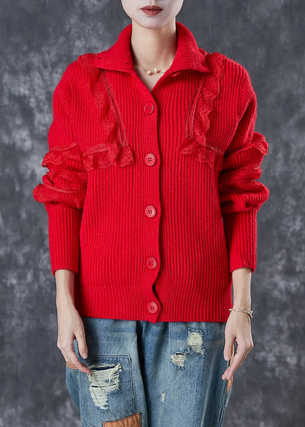 Elegant Red Peter Pan Collar Lace Patchwork Knit Coats Winter Ada Fashion