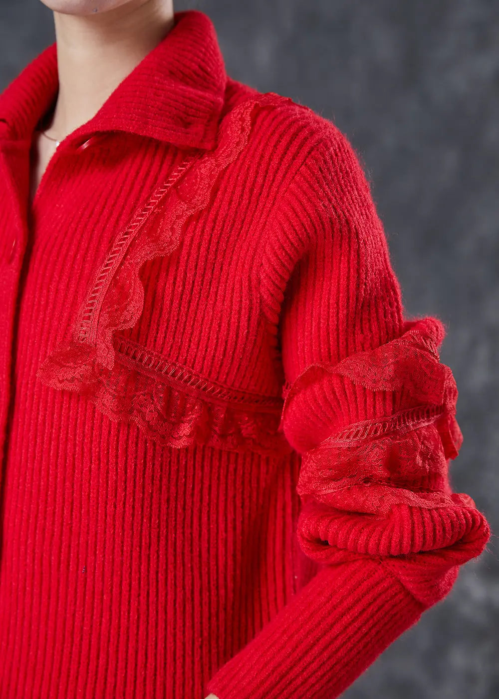 Elegant Red Peter Pan Collar Lace Patchwork Knit Coats Winter Ada Fashion