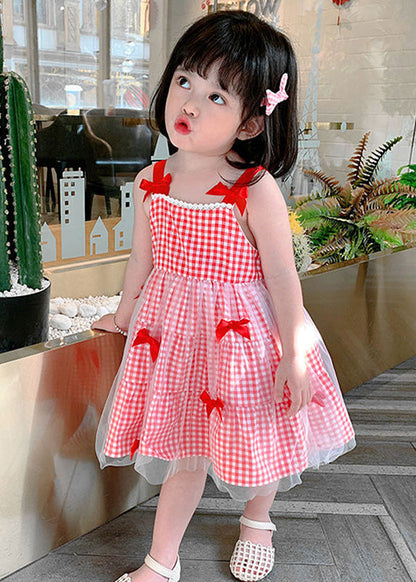 Elegant Red Plaid Patchwork Tulle Kids Slip Long Dress Summer Ada Fashion