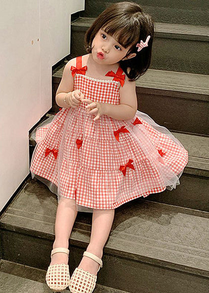 Elegant Red Plaid Patchwork Tulle Kids Slip Long Dress Summer Ada Fashion