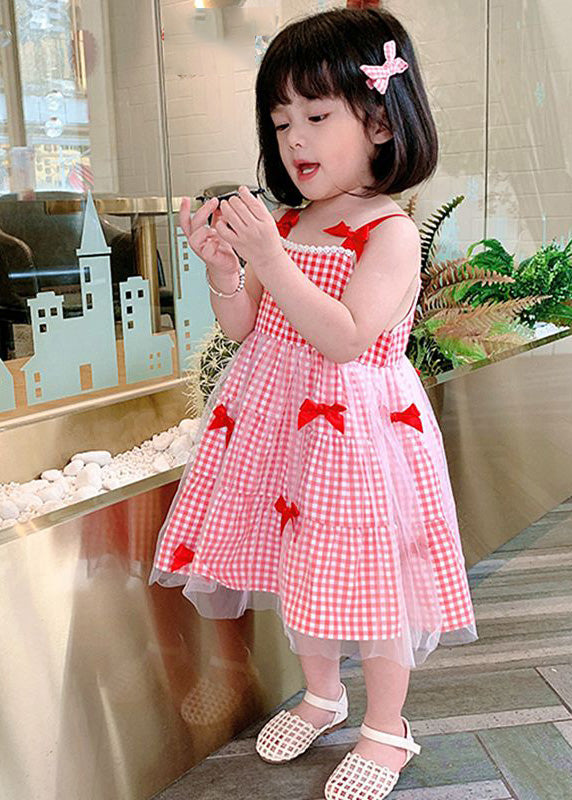 Elegant Red Plaid Patchwork Tulle Kids Slip Long Dress Summer Ada Fashion