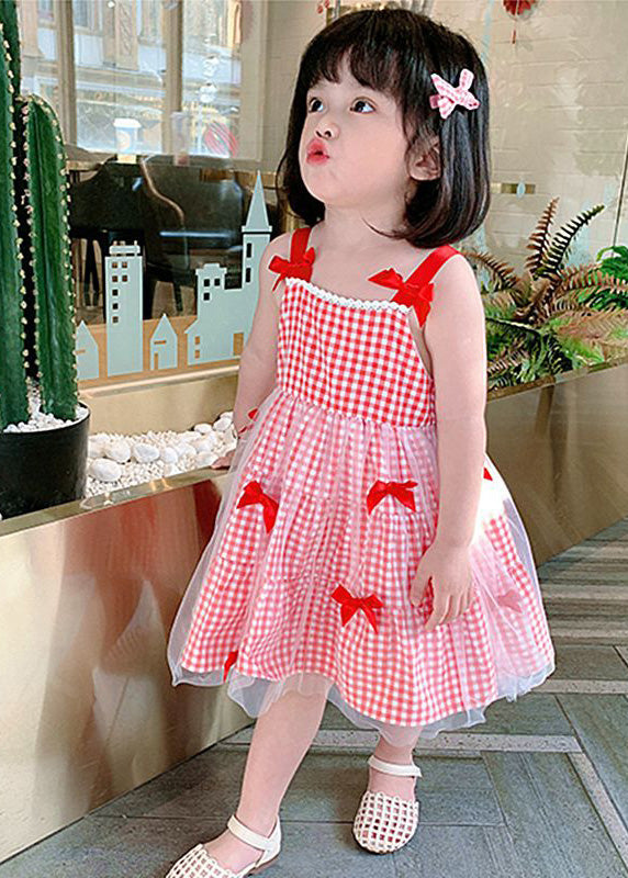 Elegant Red Plaid Patchwork Tulle Kids Slip Long Dress Summer Ada Fashion