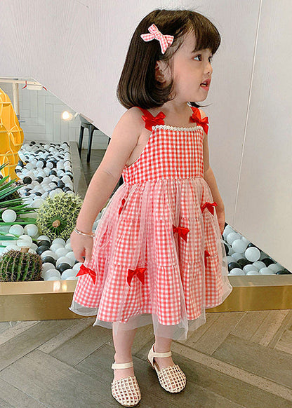 Elegant Red Plaid Patchwork Tulle Kids Slip Long Dress Summer Ada Fashion