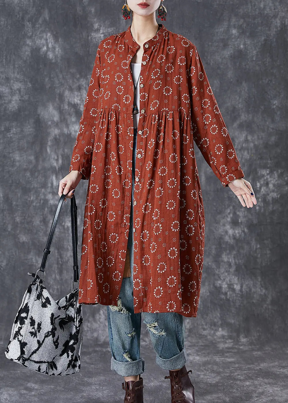 Elegant Red Print Cotton Shirt Dress Fall Ada Fashion