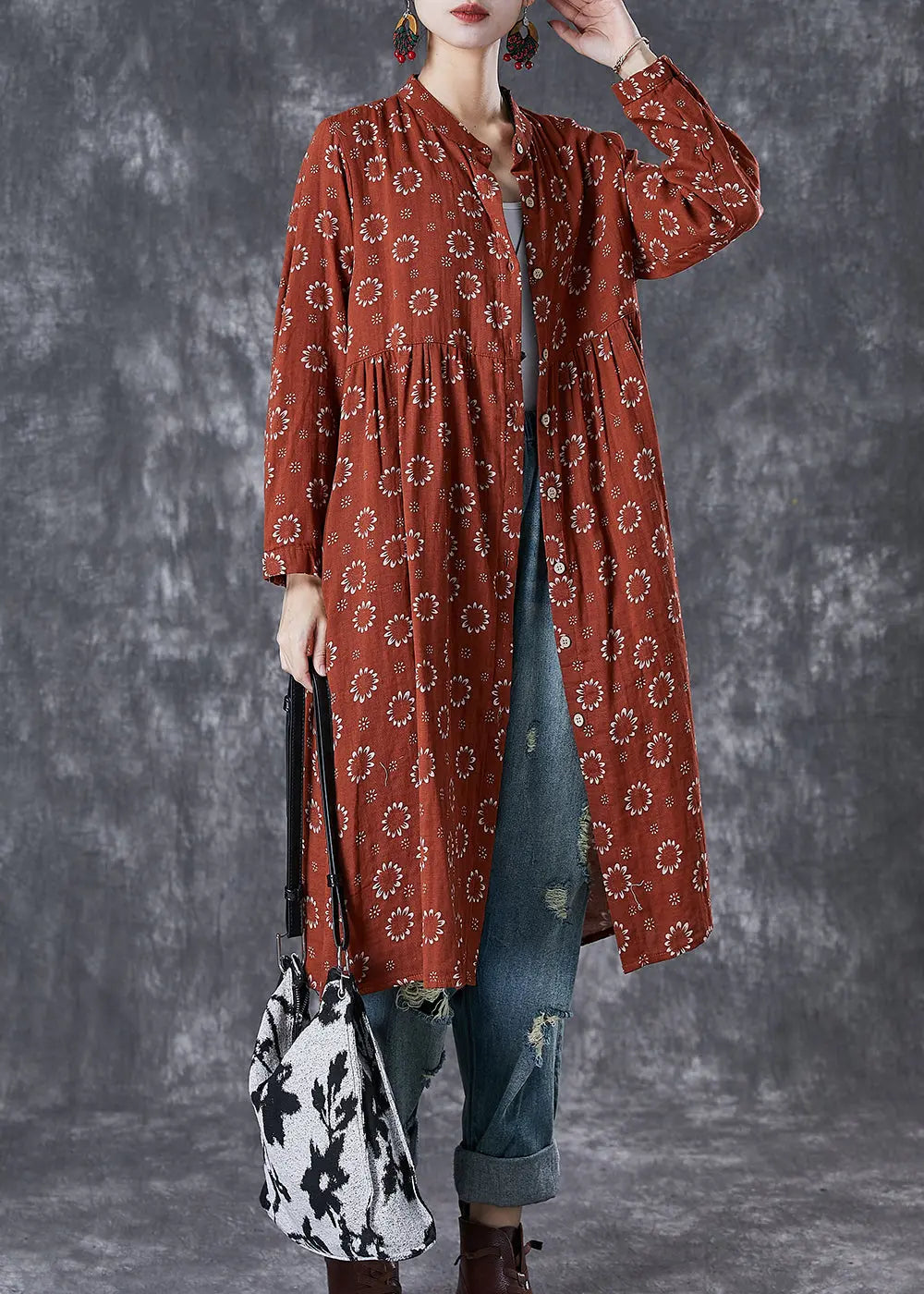 Elegant Red Print Cotton Shirt Dress Fall Ada Fashion