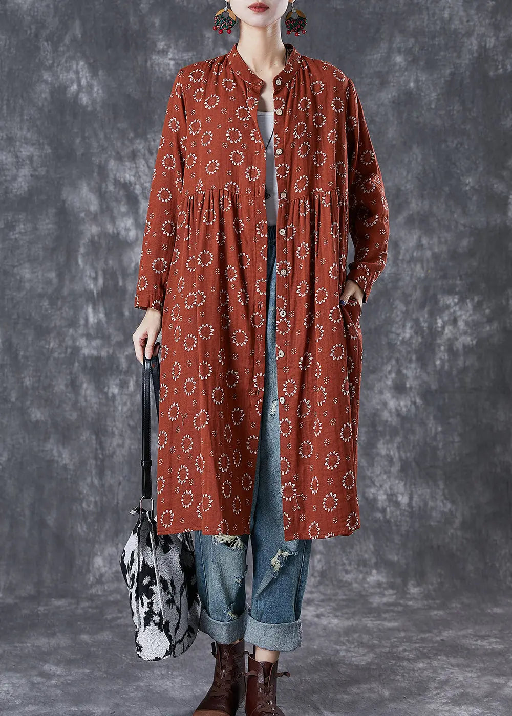 Elegant Red Print Cotton Shirt Dress Fall Ada Fashion