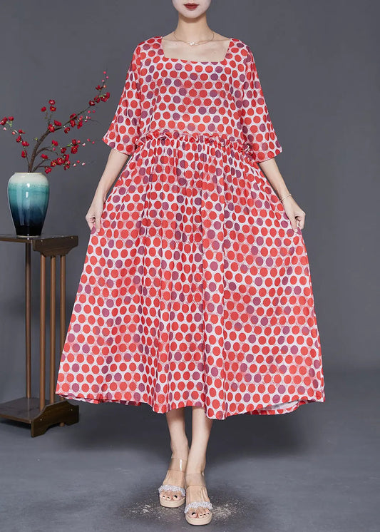 Elegant Red Square Collar Ruffled Print Robe Dresses Half Sleeve Ada Fashion