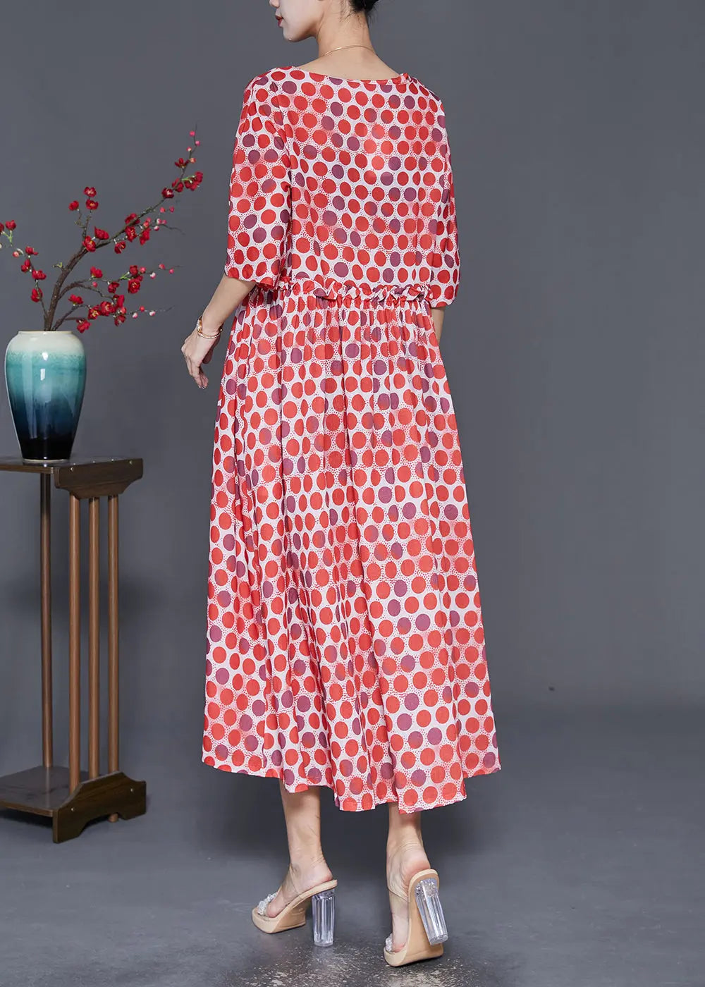 Elegant Red Square Collar Ruffled Print Robe Dresses Half Sleeve Ada Fashion