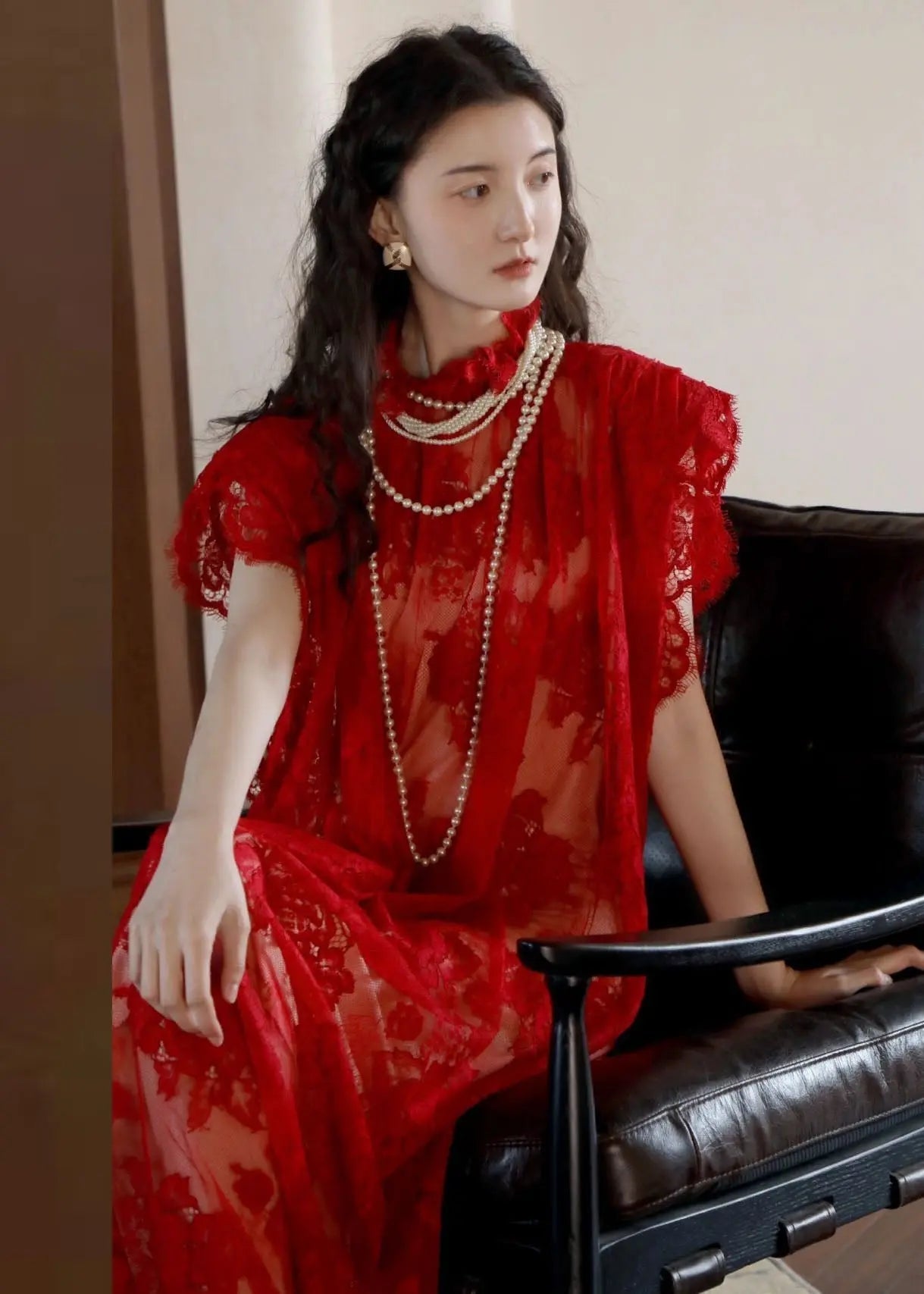 Elegant Red Stand Collar Hollow Out Lace Maxi Dresses Short Sleeve Ada Fashion