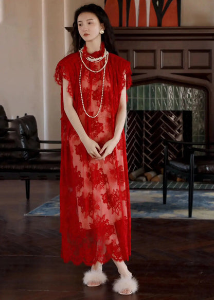 Elegant Red Stand Collar Hollow Out Lace Maxi Dresses Short Sleeve Ada Fashion