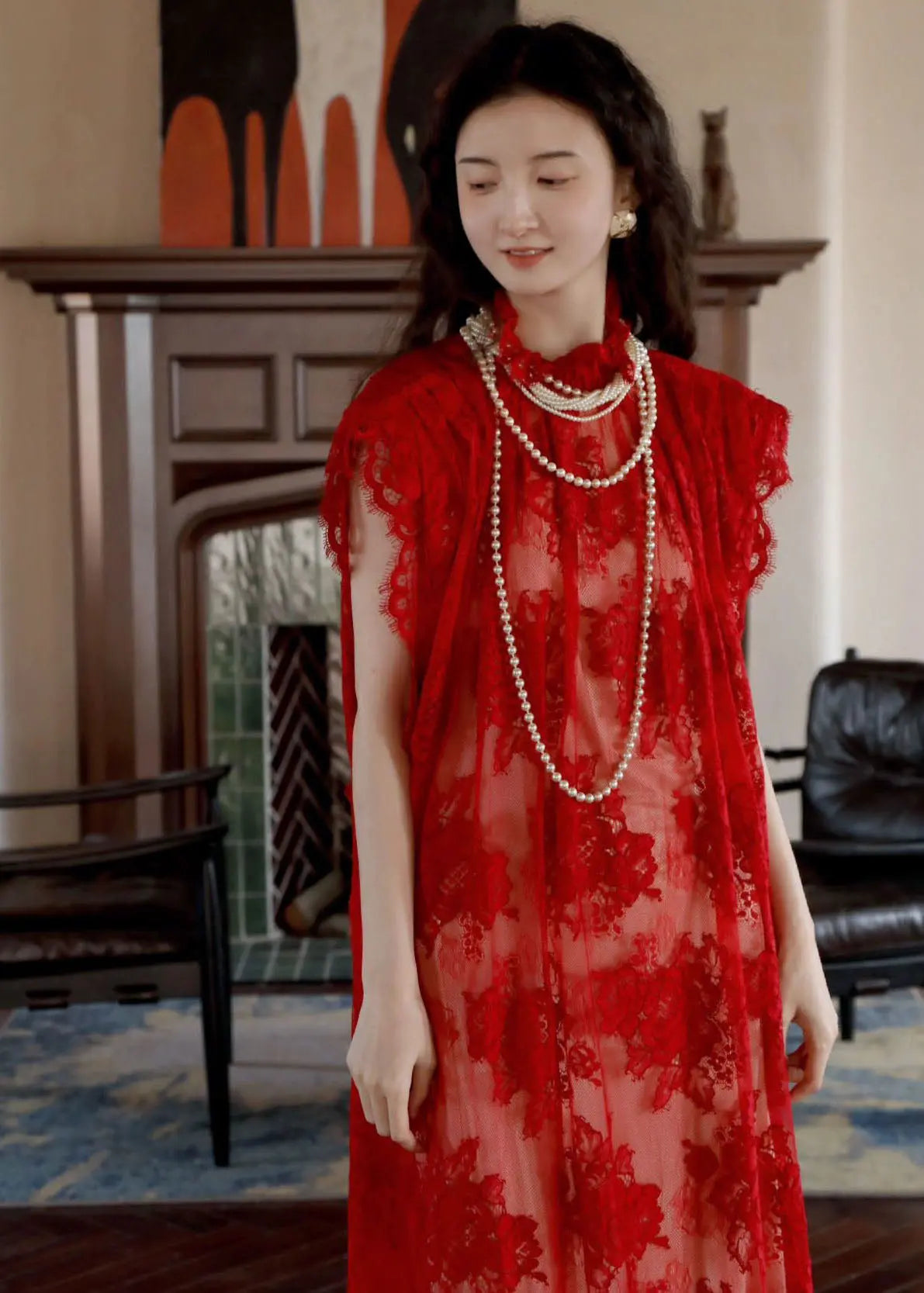 Elegant Red Stand Collar Hollow Out Lace Maxi Dresses Short Sleeve Ada Fashion