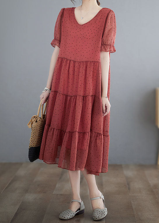 Elegant Red V Neck Dot Print Patchwork Chiffon Dresses Summer LY3956 - fabuloryshop